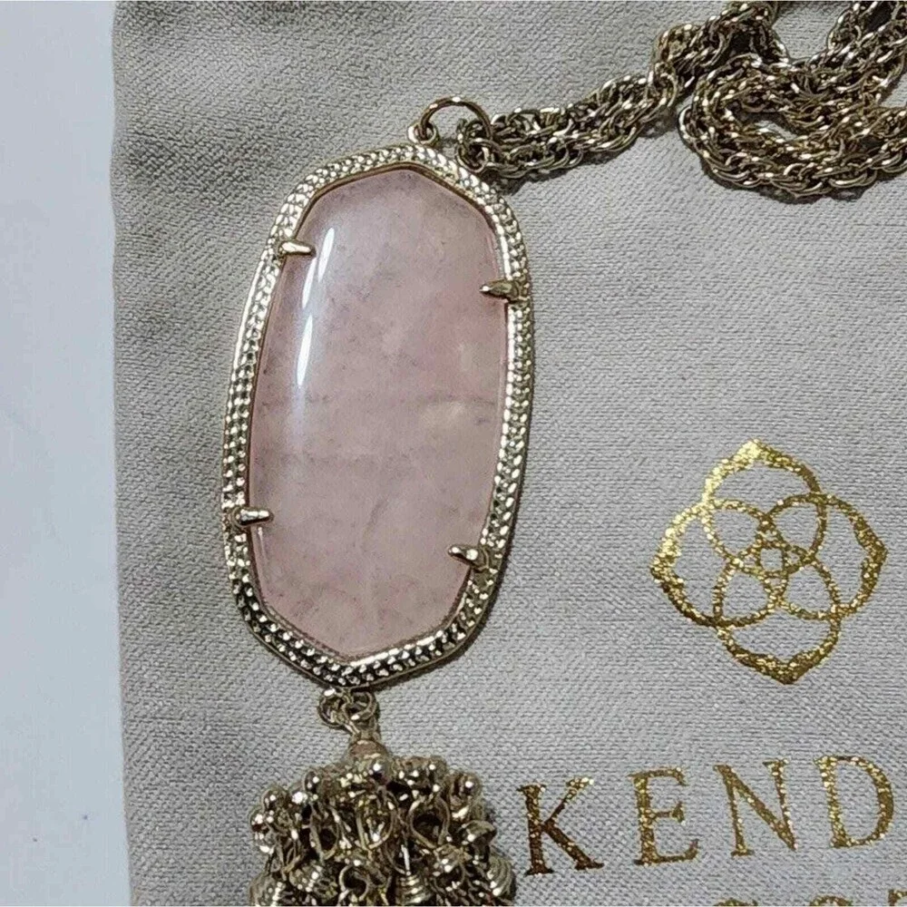 Kendra Scott Rayne Long Tassel Necklace Gold‎ Rose Quartz Pink Stone Statement
